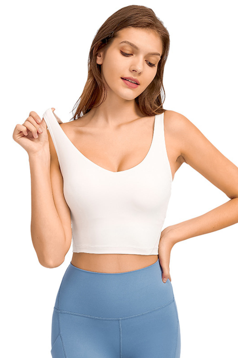 Millennia Deep V-Neck Crop Sports Bra White - Fashorio