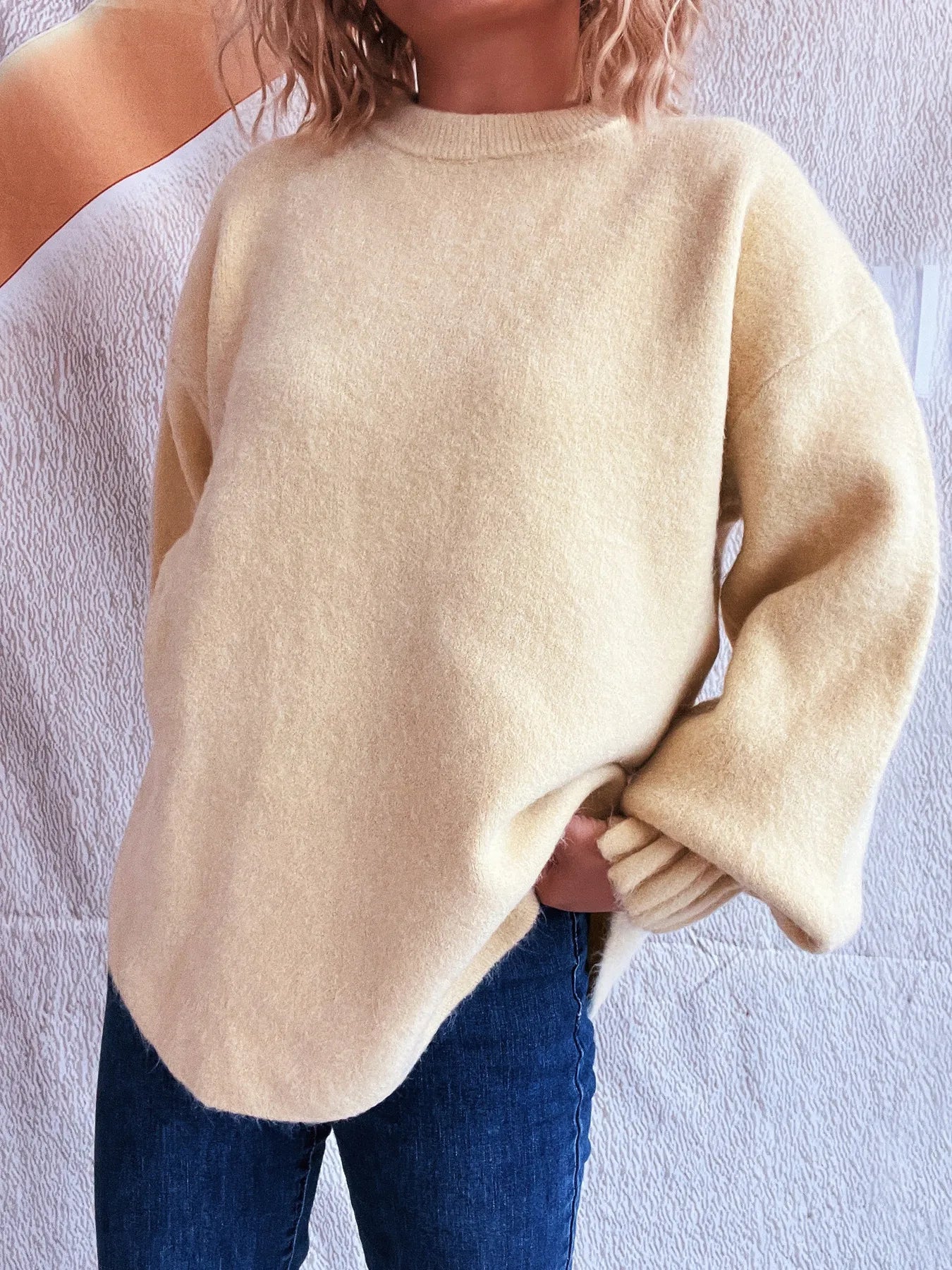 Round Neck Dropped Shoulder Sweater - Fashorio