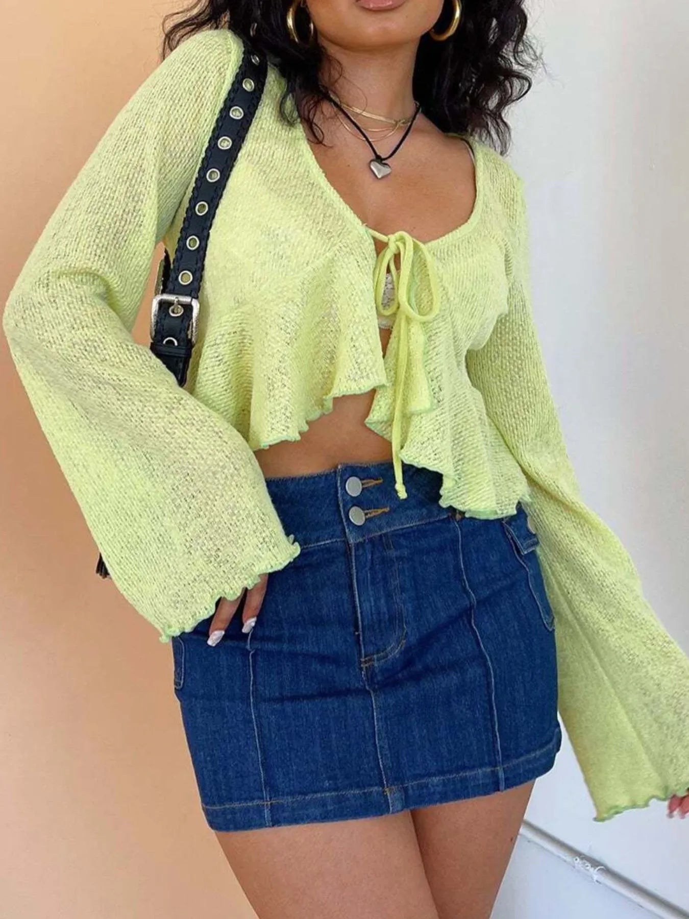 Ruffled Hem Tie-Front Cropped Cardigan - Fashorio