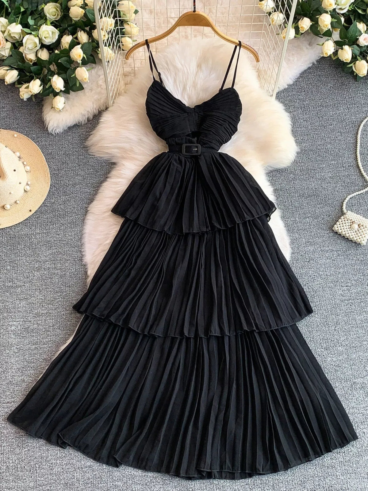 Pleated layered spaghetti strap midi dress close up