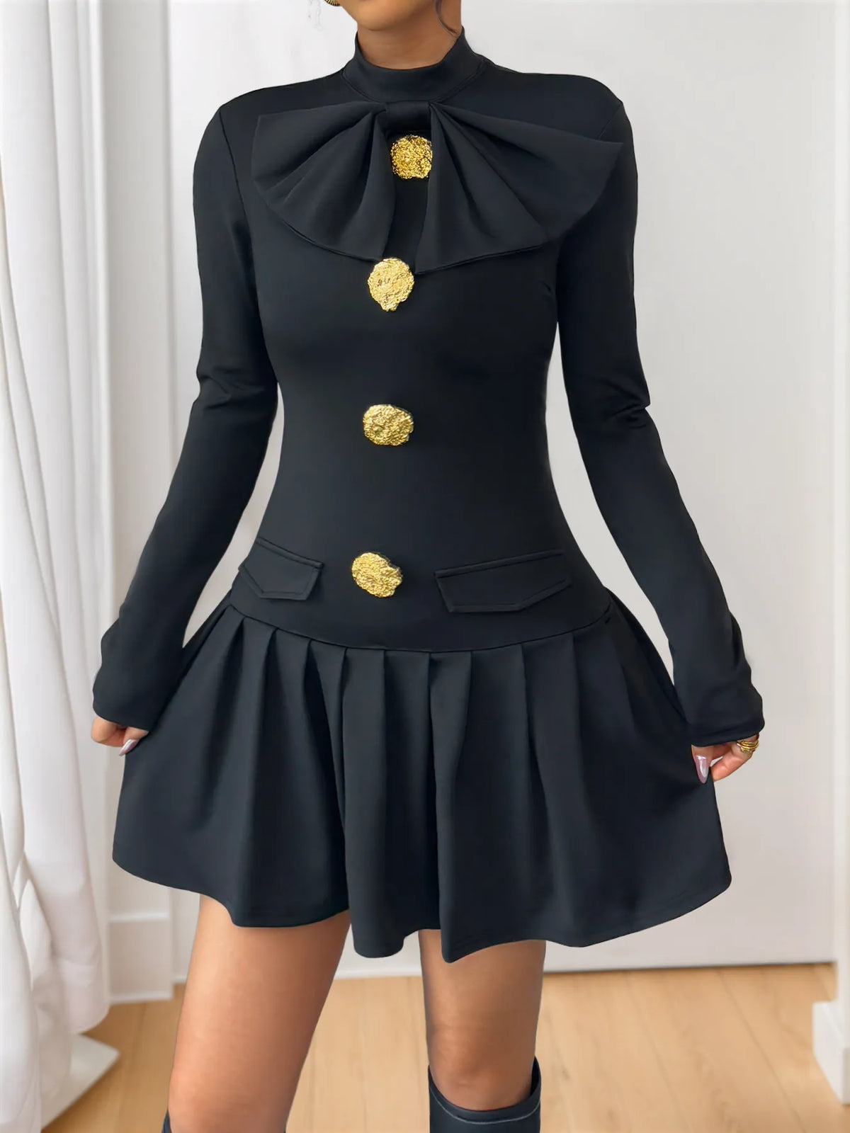 Black button mock neck long sleeve mini dress full length view