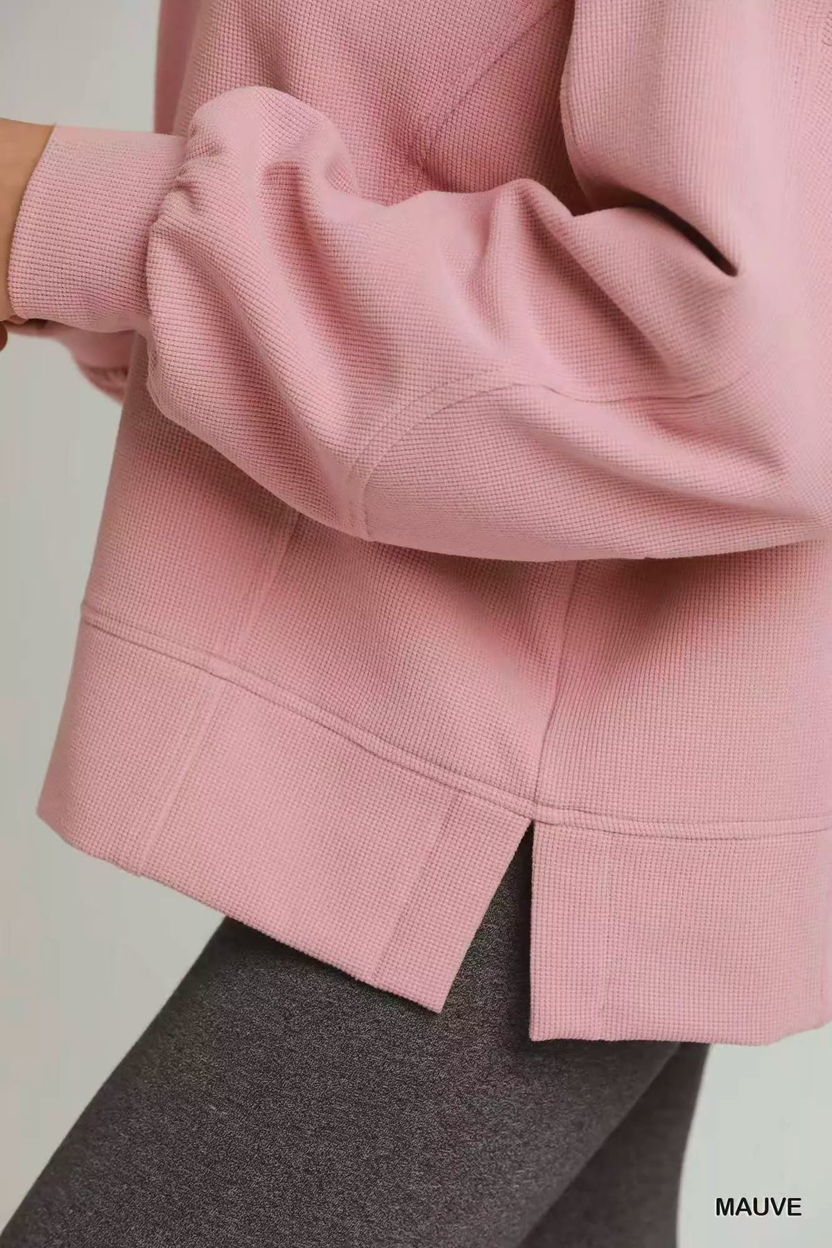 mauve brushed waffle polo pullover styled look