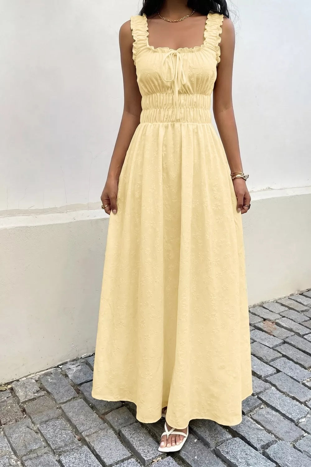 Pastel yellow square neck sleeveless maxi dress front view