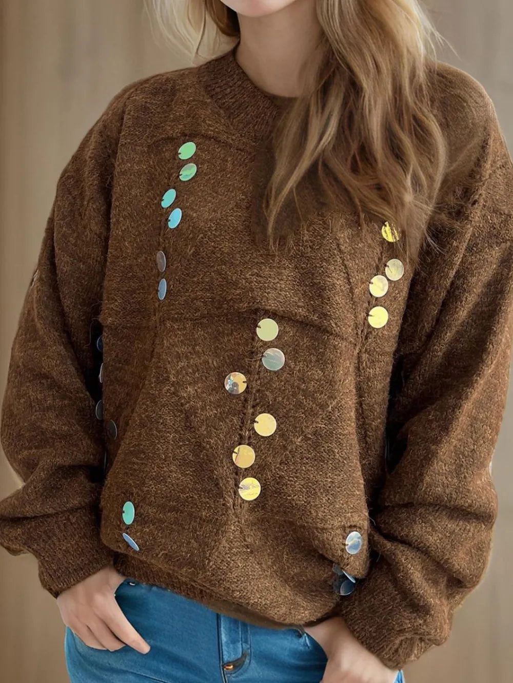 Sequin Mock Neck Long Sleeve Sweater on model