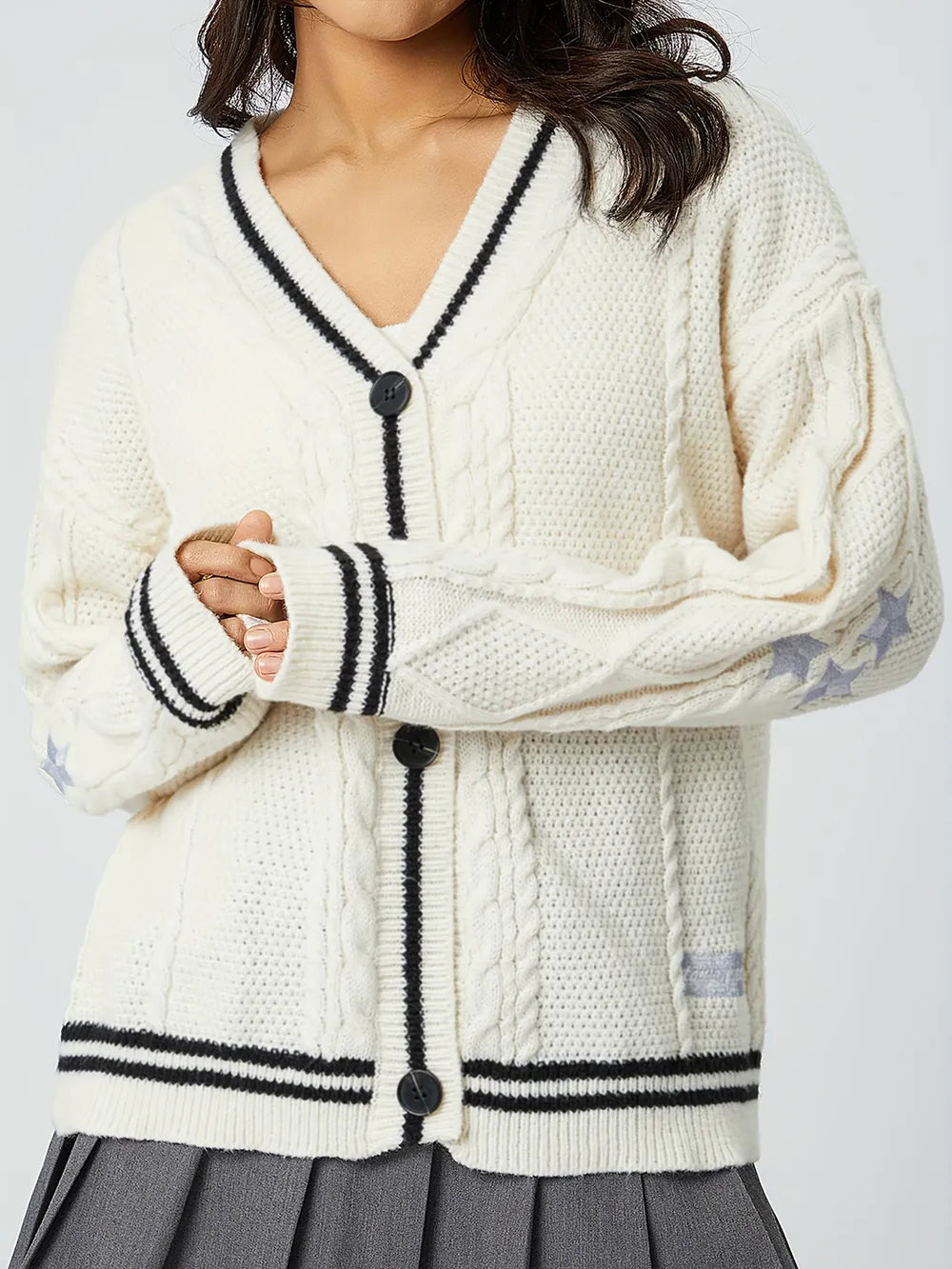 Star Embroidered V-Neck Long Sleeve Cardigan White One Size - Fashorio