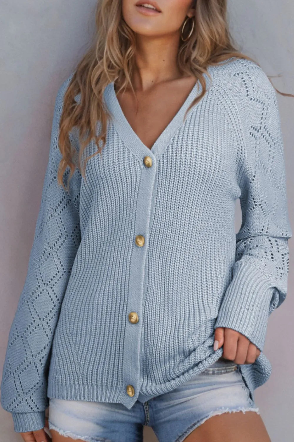 Openwork V-Neck Button Up Cardigan - Fashorio