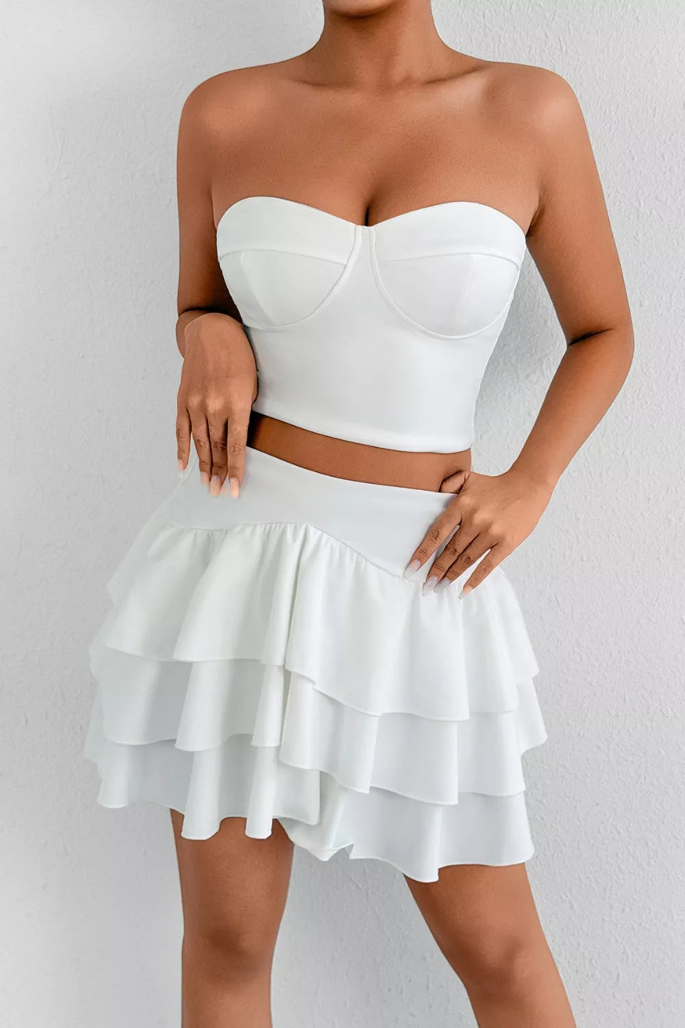 White tube top and ruffle layered skirt set front view