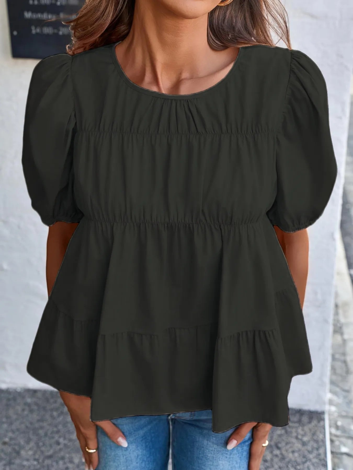 Tiered Round Neck Puff Sleeve Ruched Blouse - Fashorio