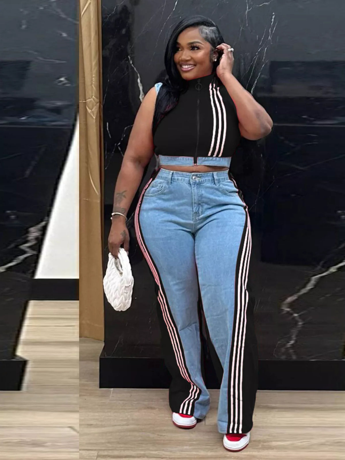 Zip Front Crop Top and Striped Pants Set, view 15
