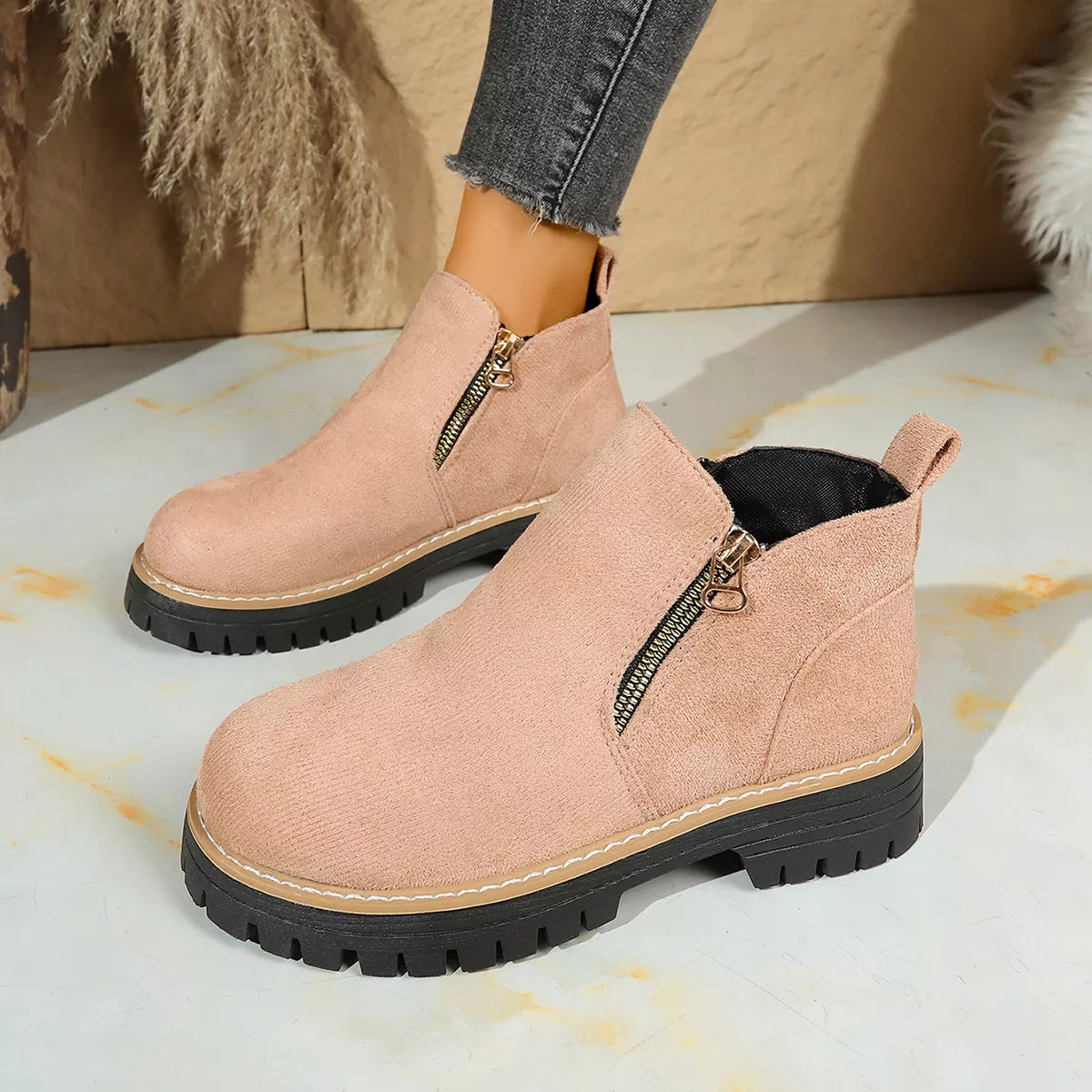 Suede round toe platform boots inner side view