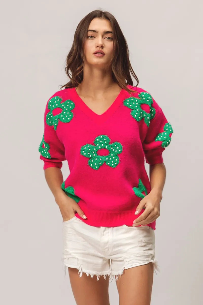 BiBi Pearl Beads Flowers Sweater Top - Fashorio