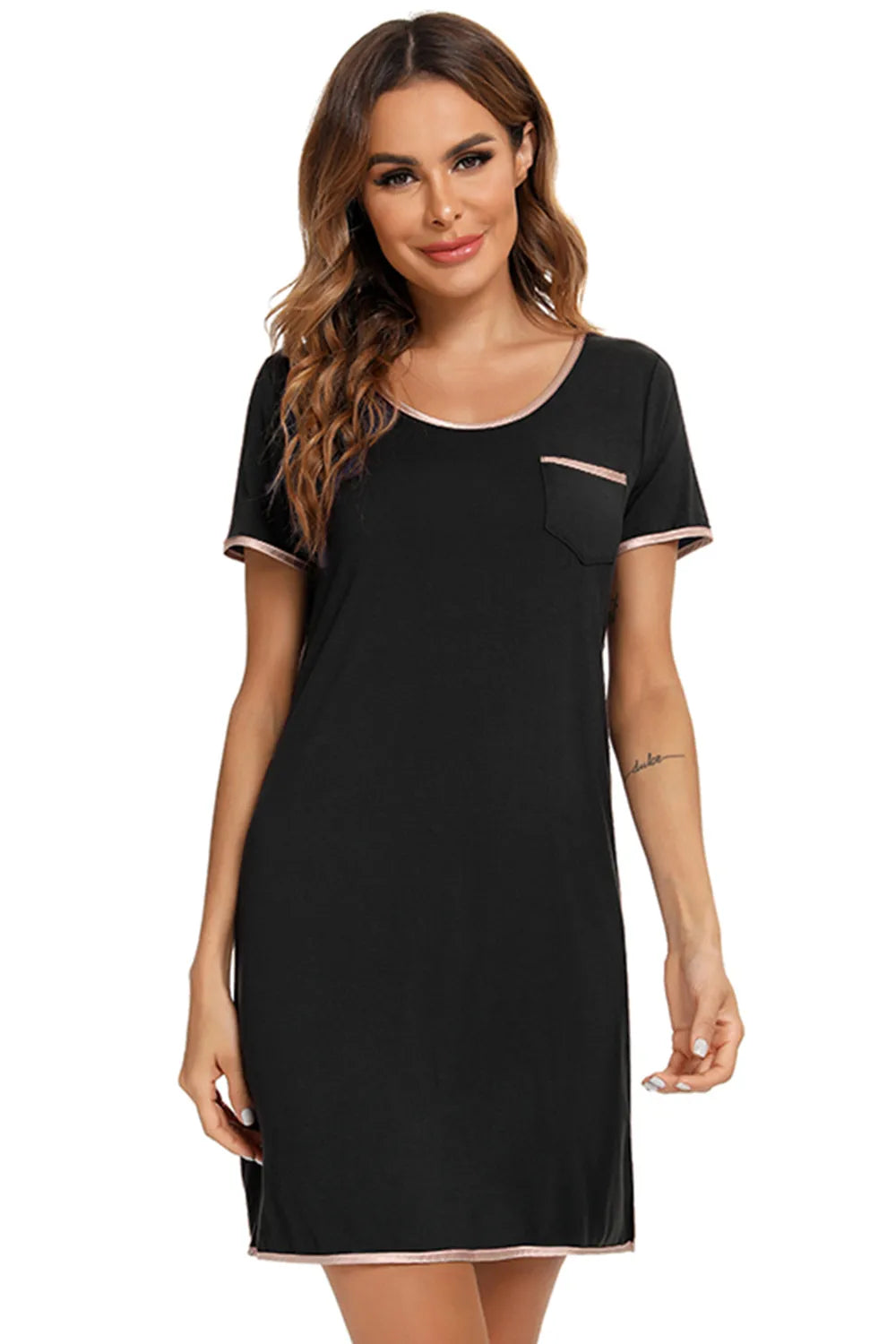 Contrast Trim Pocketed Round Neck Lounge Dress - Fashorio