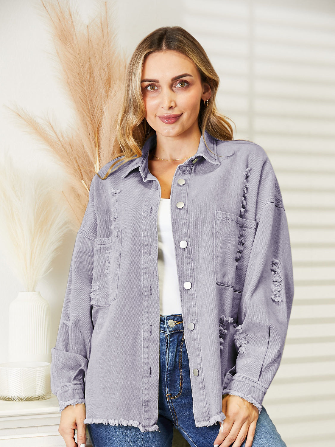 Distressed Raw Hem Denim Jacket Lilac - Fashorio