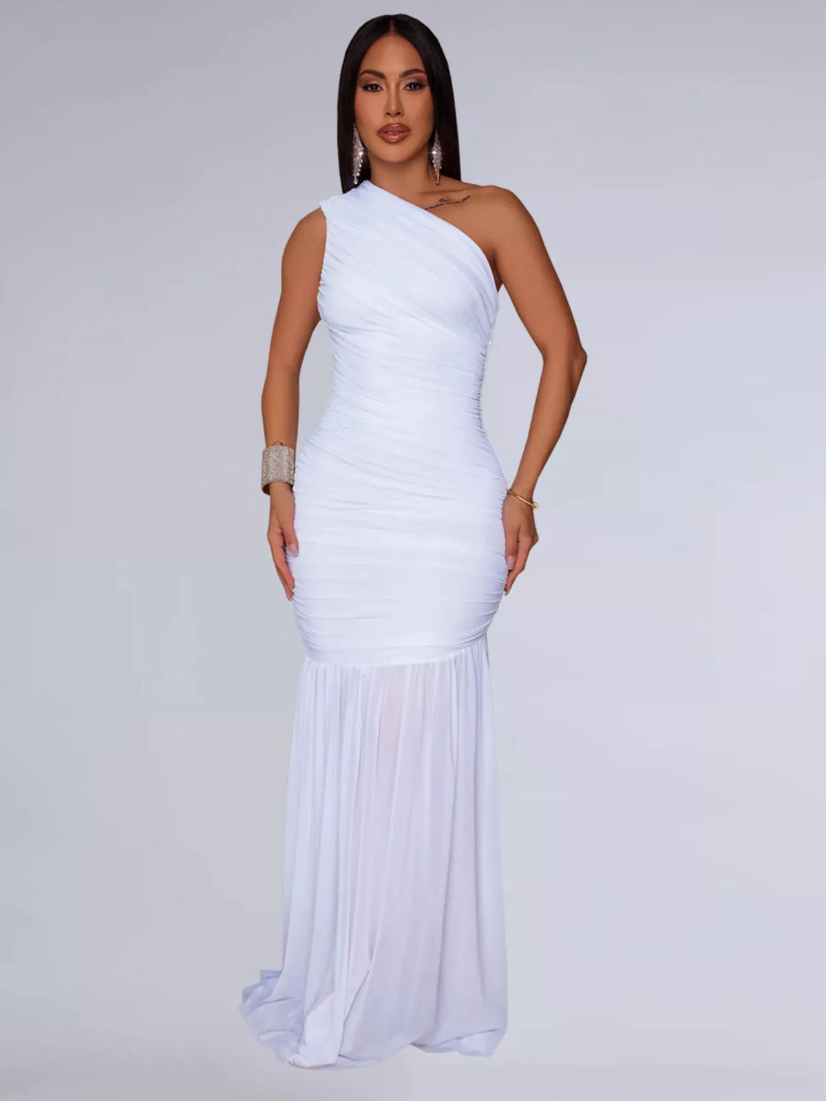 One shoulder ruched bodycon maxi dress detail view