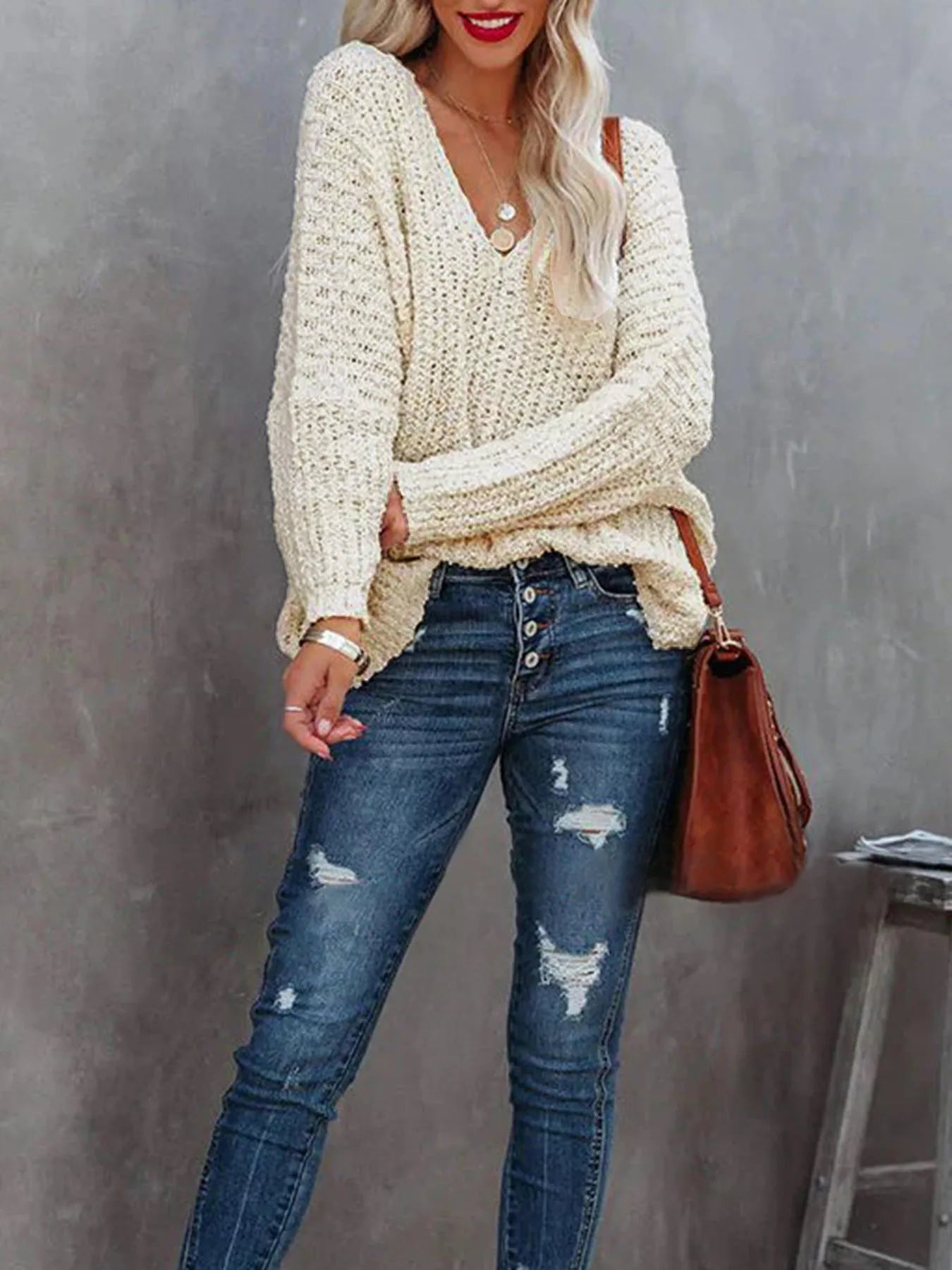 V-Neck Long Sleeve Sweater - Fashorio