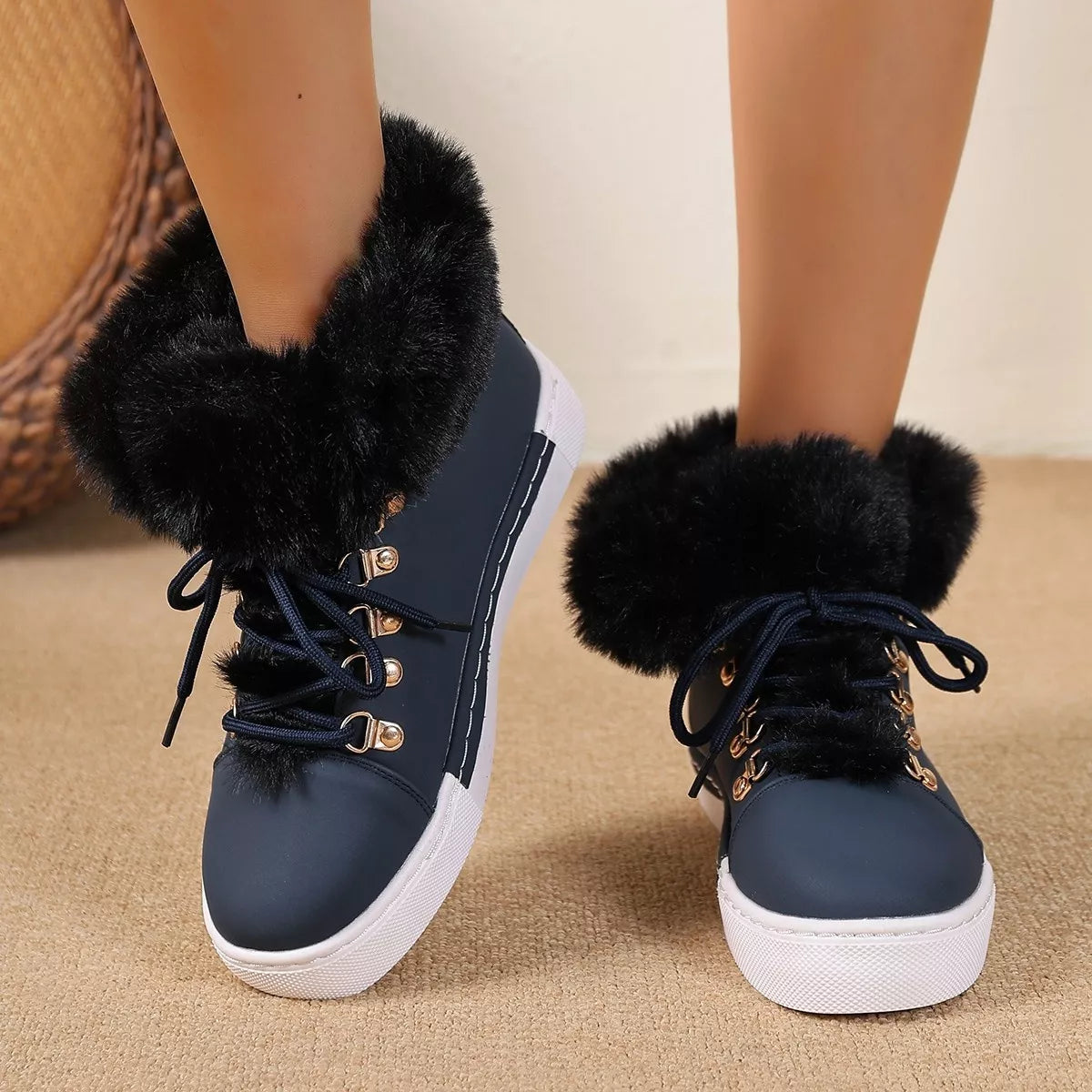 Fuzzy Trim Lace Up Ankle Boots styled with a dress