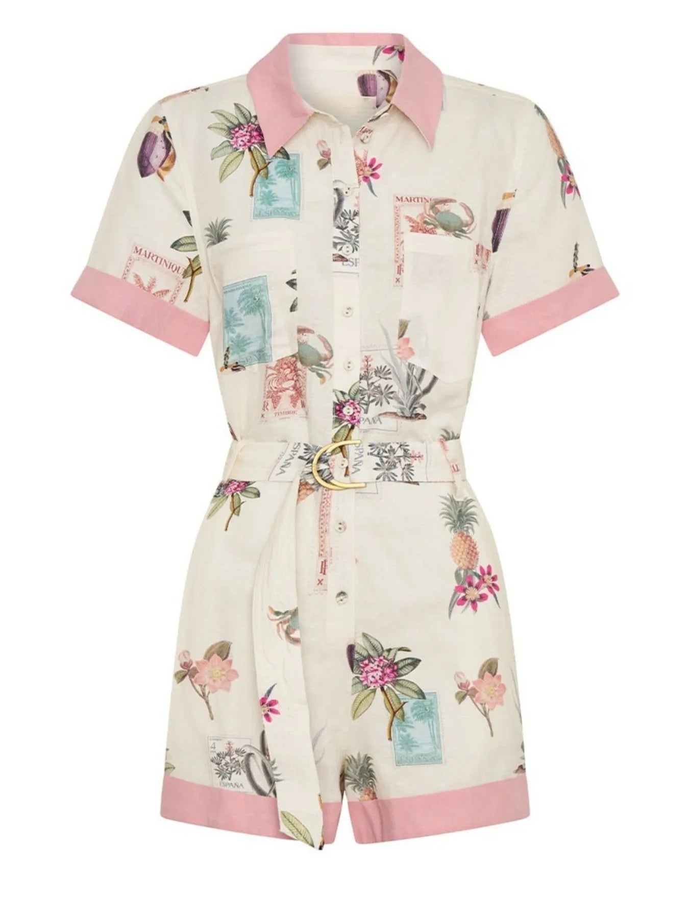 Printed Short Sleeve Romper with Belt - Fashorio