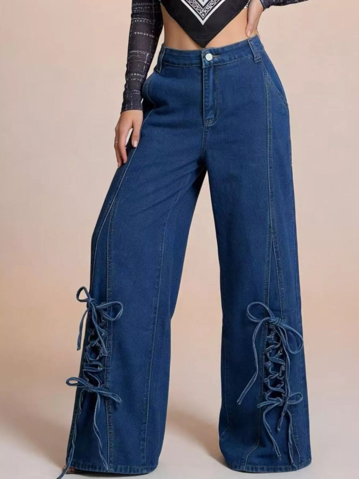 Dark blue wide leg jeans side profile