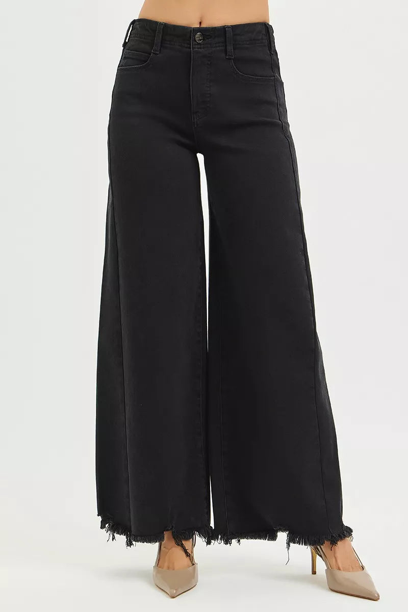 RISEN high rise palazzo frayed hem jeans black denim front view