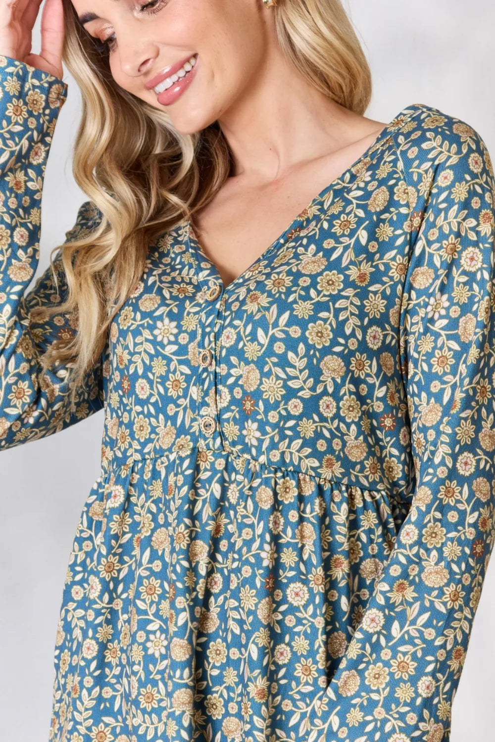 Heimish Full Size Floral Half Button Long Sleeve Blouse - Fashorio