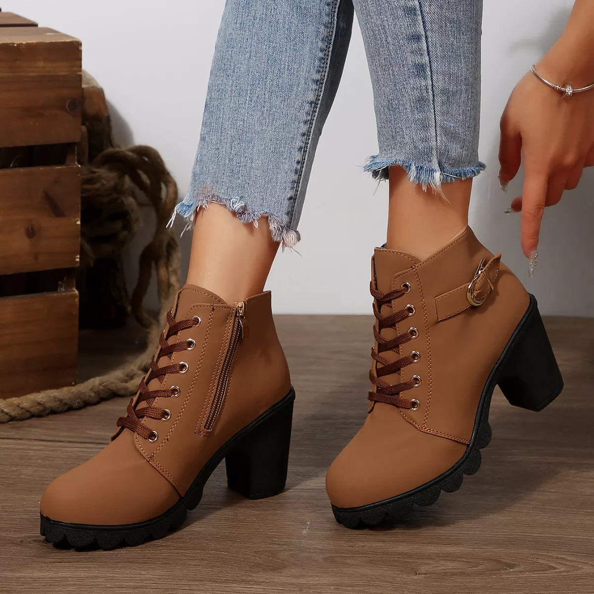 Lace up block heel suede boots toe close up