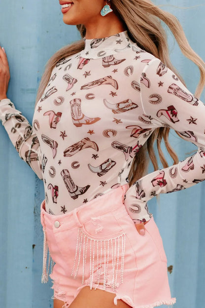 Printed Mock Neck Long Sleeve Bodysuit - Fashorio