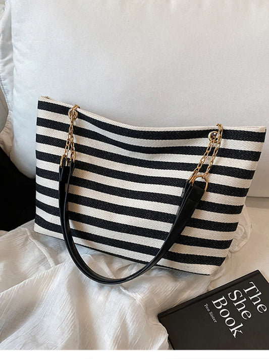 Striped Shoulder Bag with Chain Detail - Fashorio
