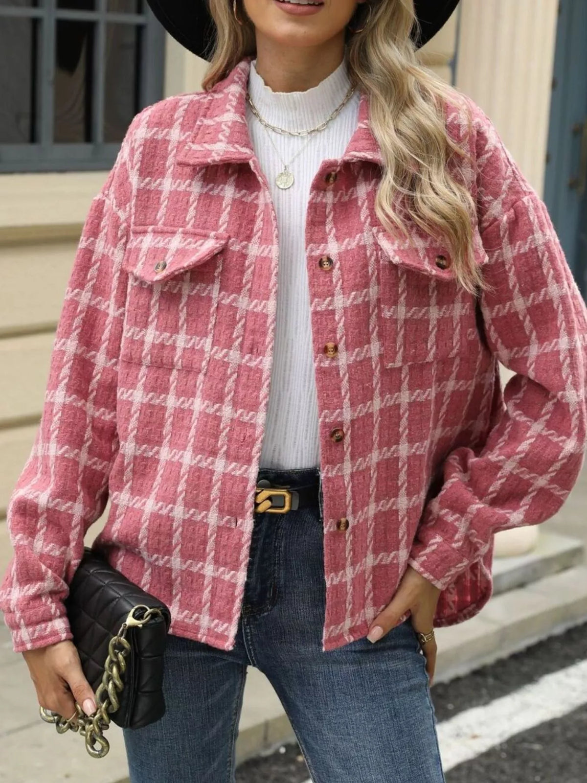 Plaid Button Up Jacket in White and Red view 9