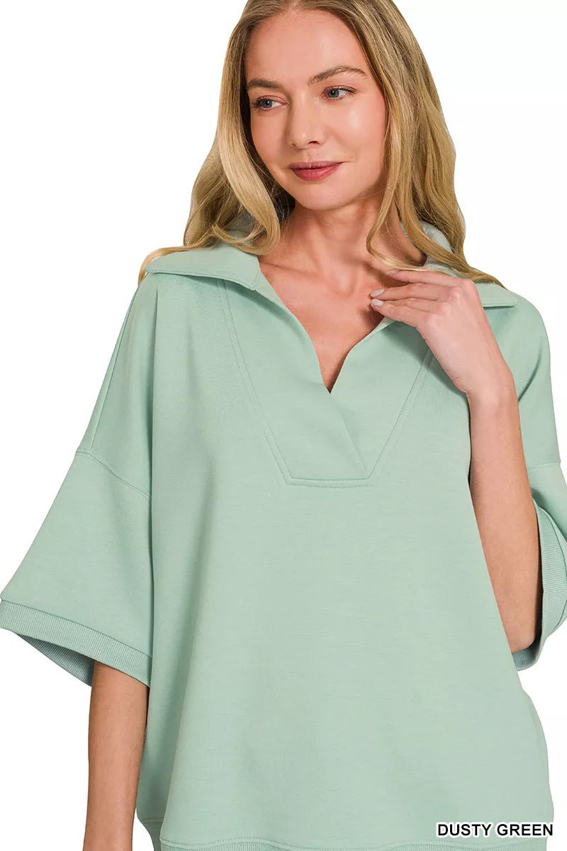 Zenana dusty green scuba collared short sleeve top on model