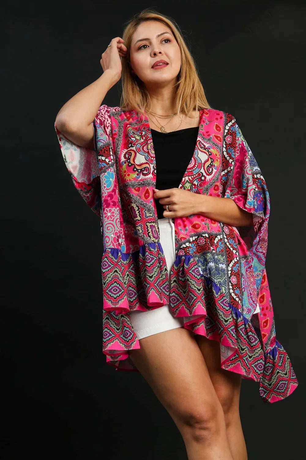 Ruffle hem beach kimono cover up side view