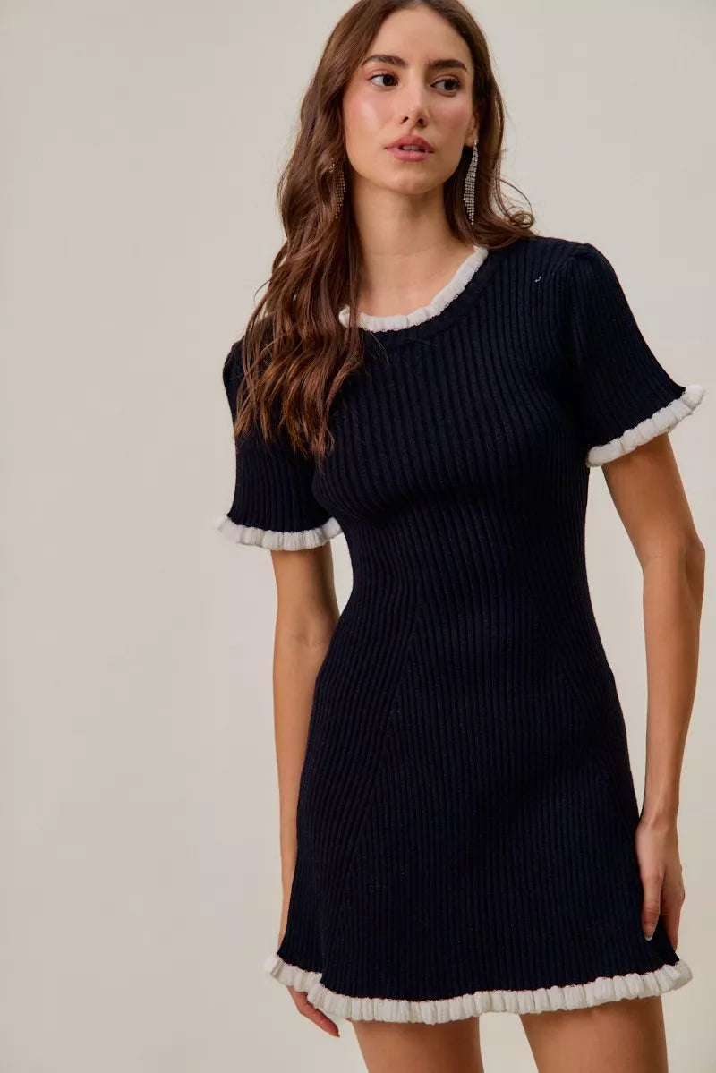 Ruffled Contrast Sweater Knit Mini Dress in Black and White side view