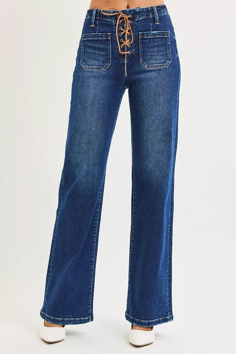RISEN high rise wide leg tie front jeans front view