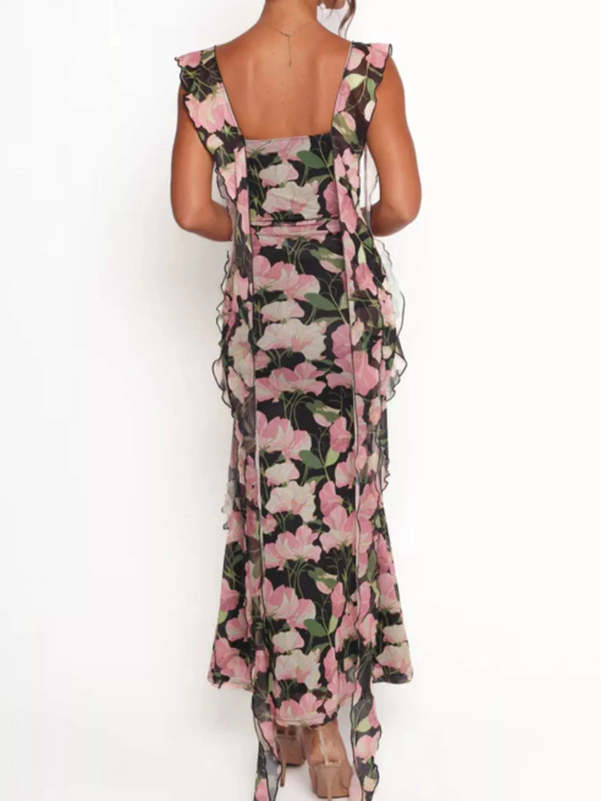 floral ruffle trim bodycon maxi dress full length view