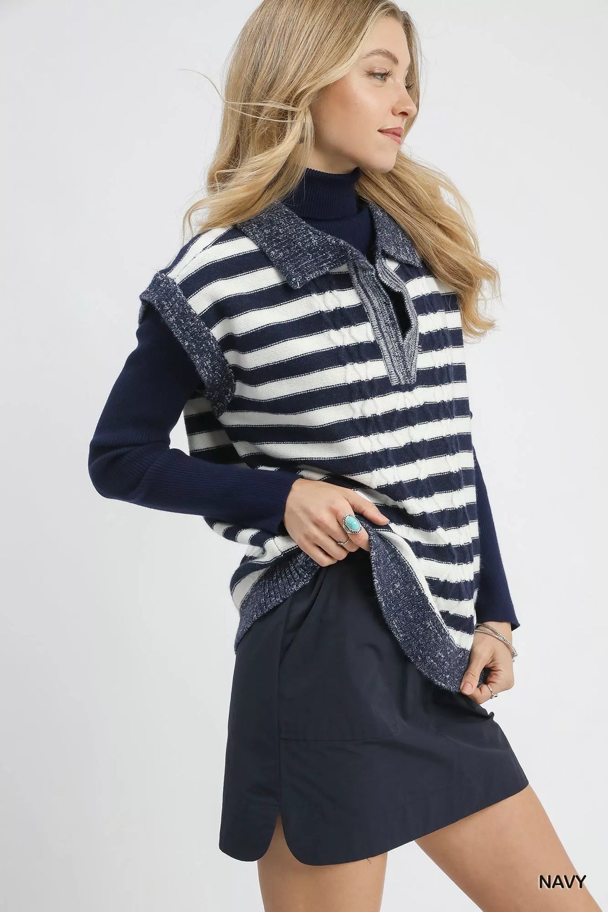 Cable Knit Collared Striped Sweater Vest in Navy detail