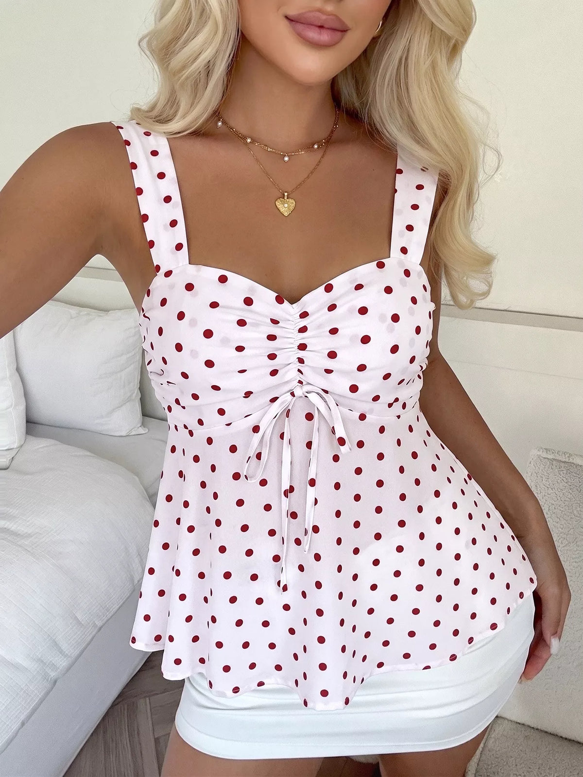 White polka dot ruched cami top back view