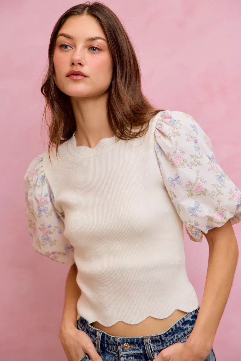 Floral scallop contrast sleeve sweater top detail shot