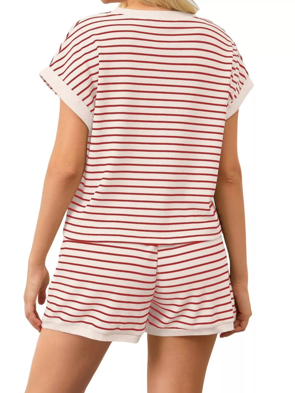 Striped Round Neck Top and Shorts Set Plus Size, view 16