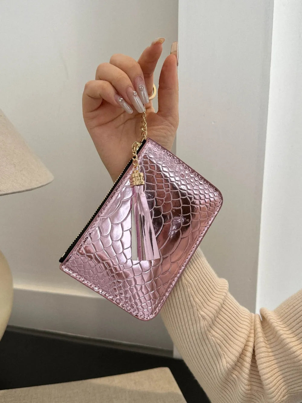 PU Leather Tassel Trim Card Case - Fashorio