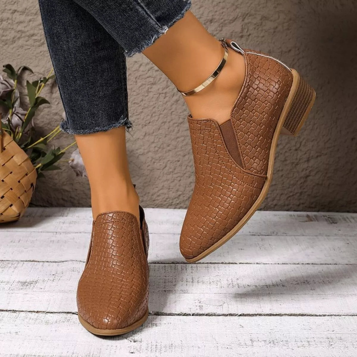 Beige point toe block heels ankle boots upper texture detail
