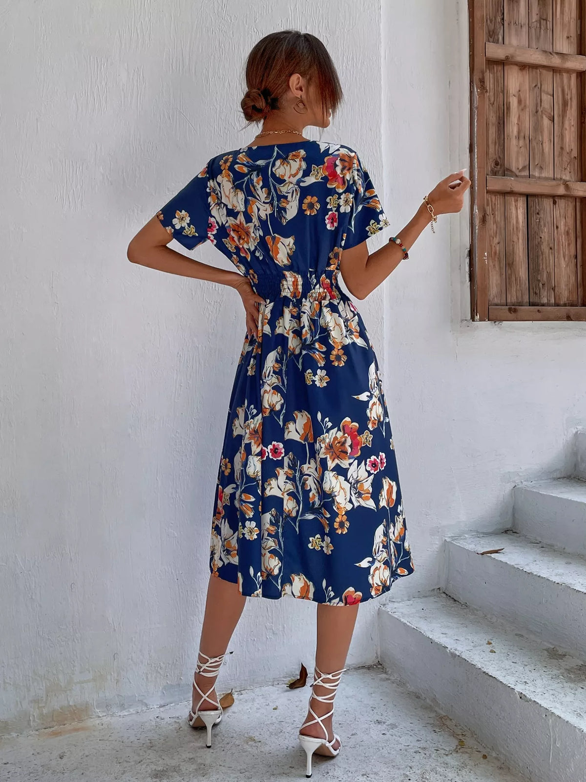Printed short sleeve smocked midi dress full length view