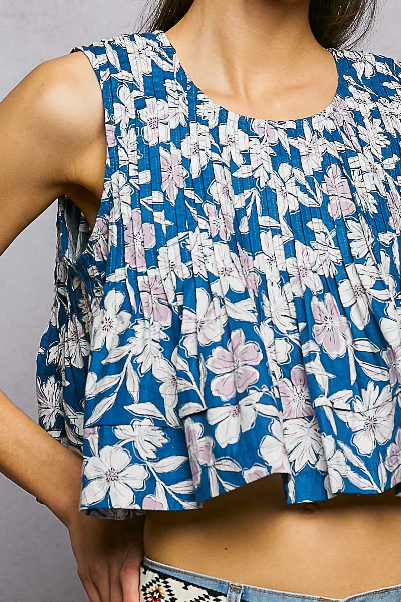 POL navy floral pintuck cropped tank front view
