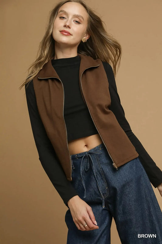 Umgee Zip-Front Fitted Vest with Pockets Brown - Fashorio
