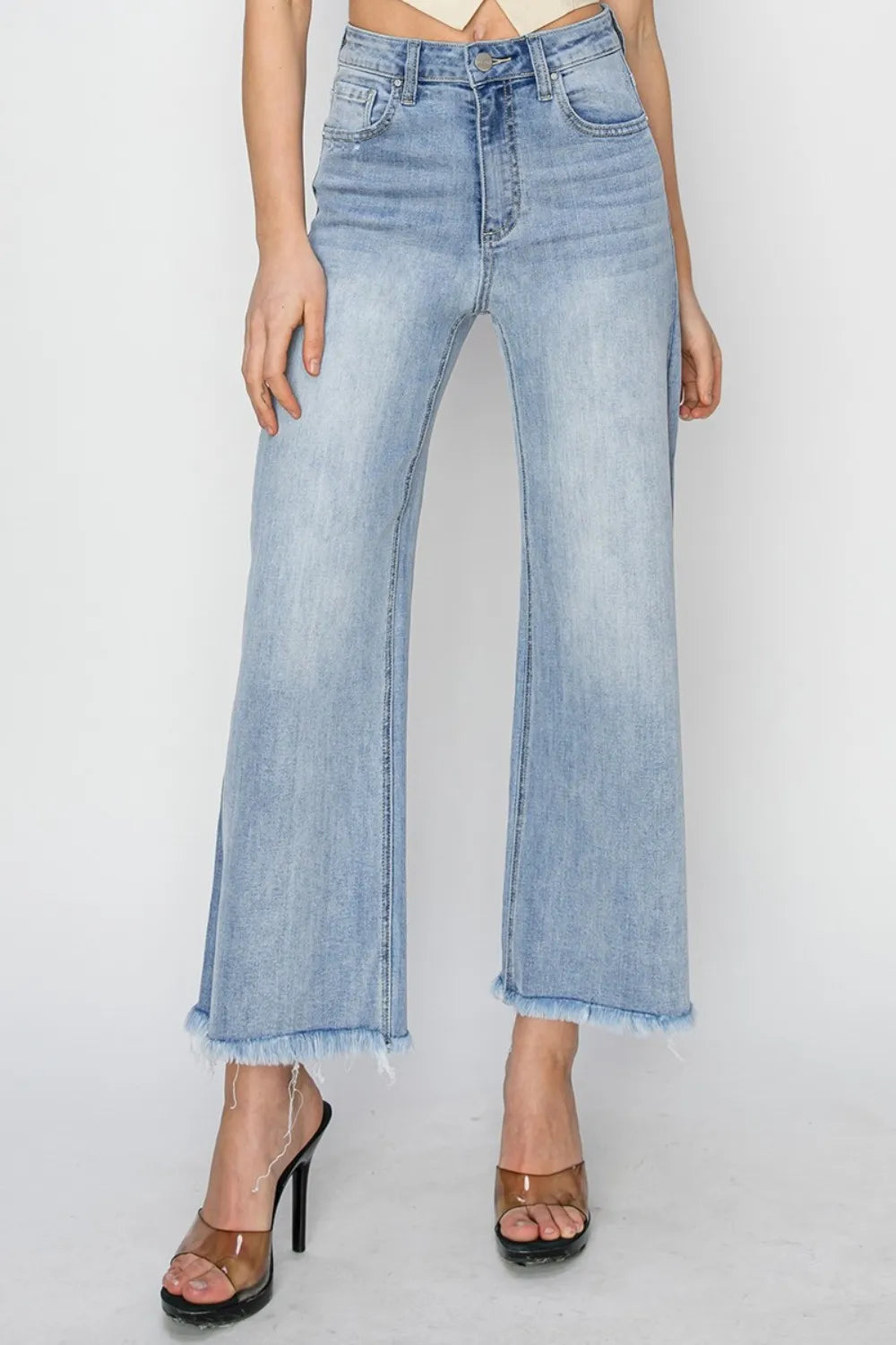 RISEN High Rise Crop Wide Fray Hem Jeans - Fashorio