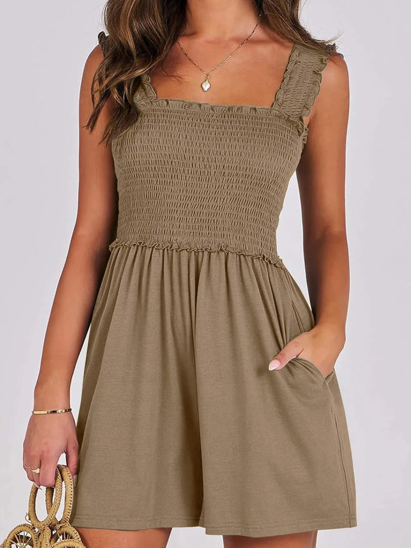 Smocked Square Neck Summer Romper Brown - Fashorio