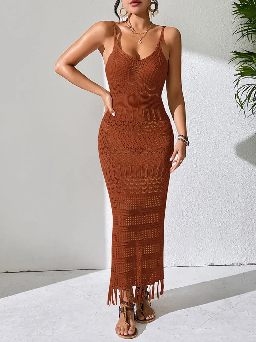 Camel cover up dress full length view
