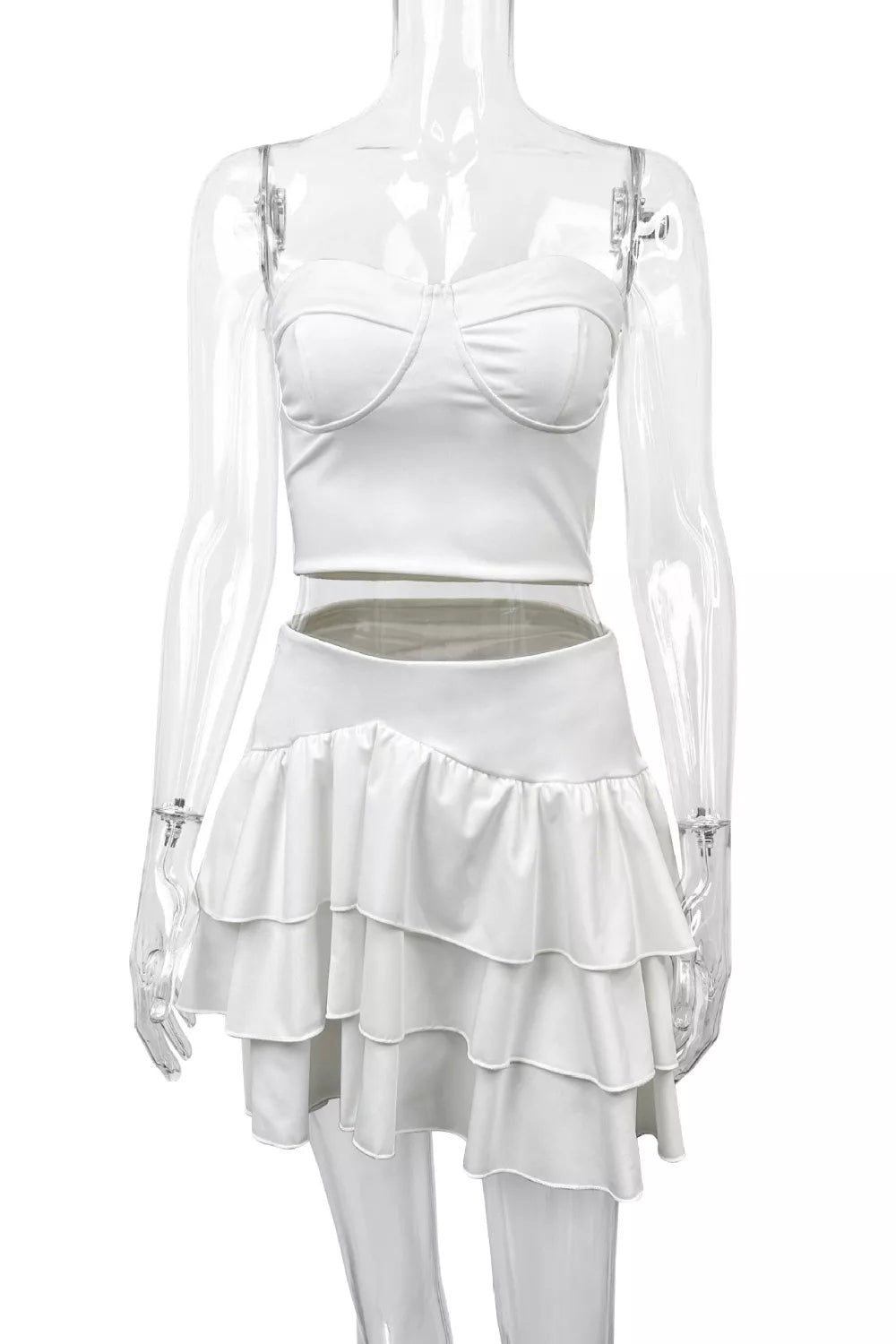 White tube top and ruffle skirt styling