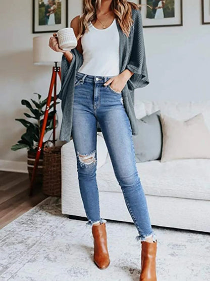 Full Size Open Front Waffle Knit Cardigan Plus Size - Fashorio