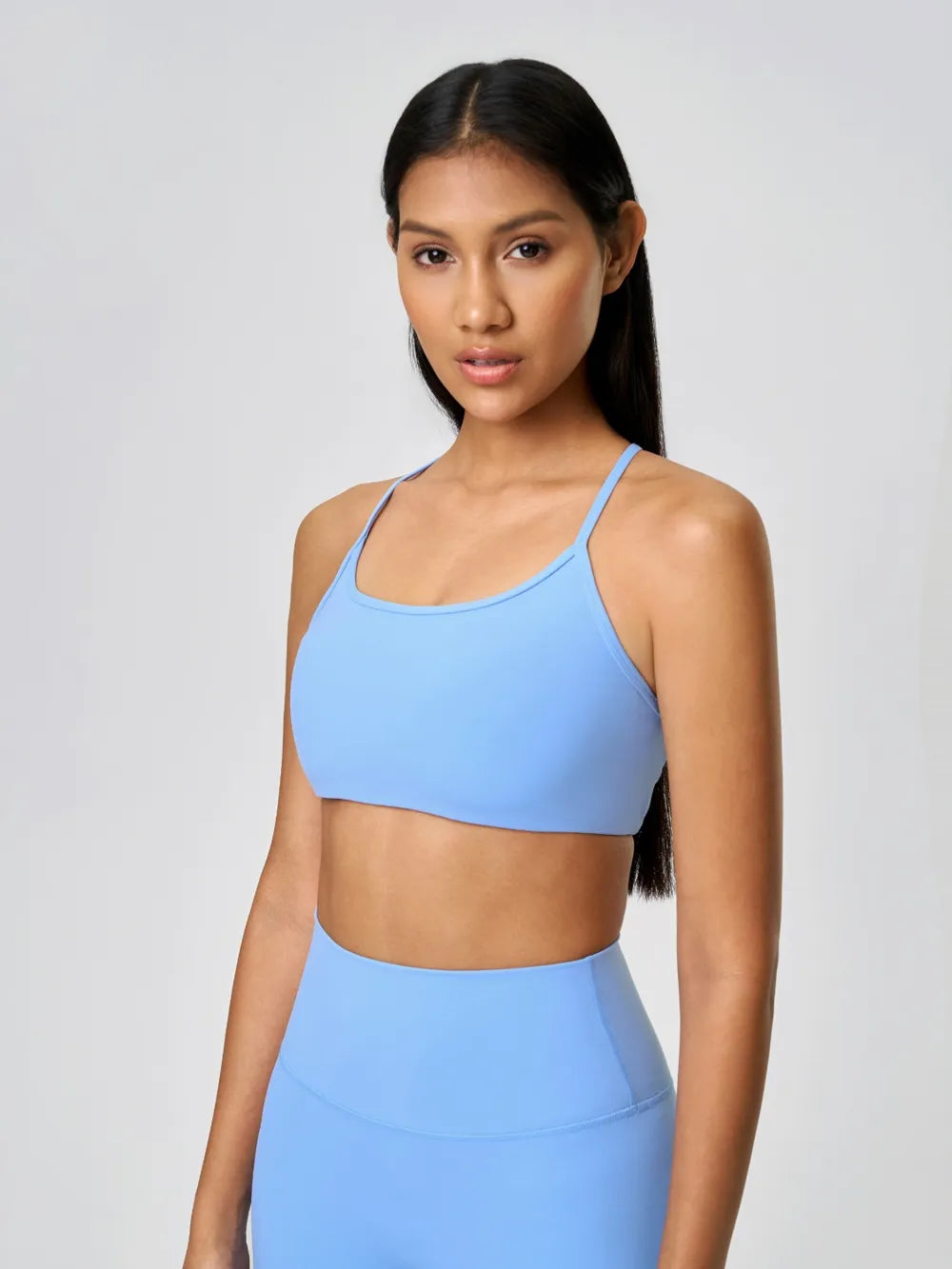 Millennia Crisscross Back Scoop Neck Active Cami with Detachable Chest Pads Light Blue - Fashorio