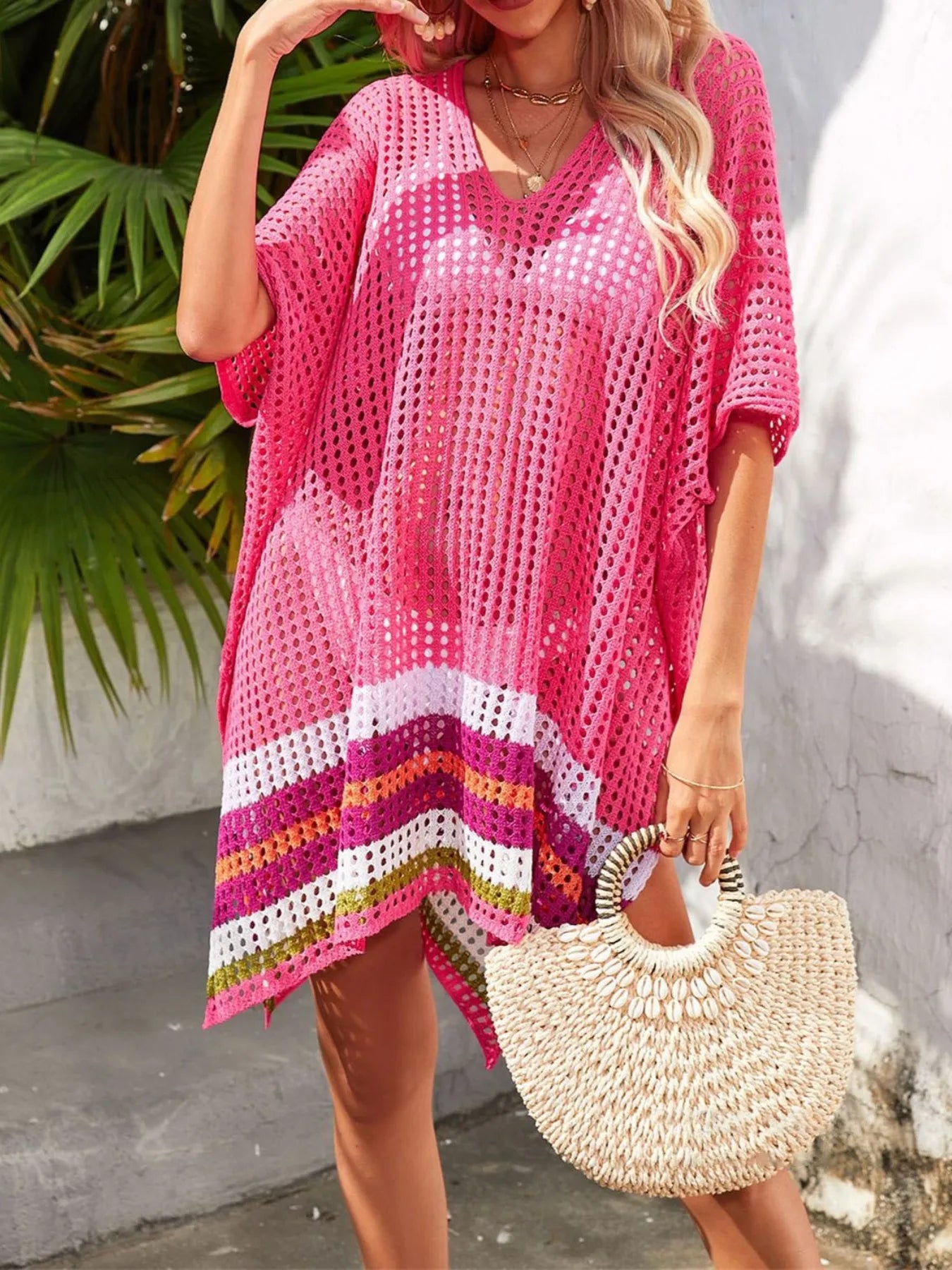 Crochet V-Neck Cover-Up Dress - Fashorio