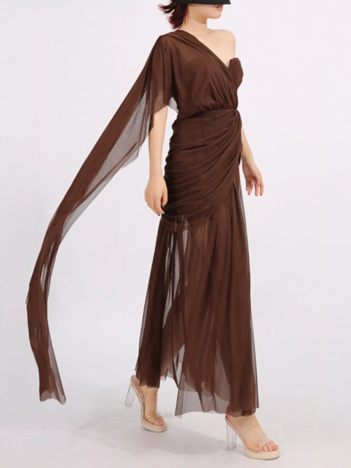 Coffee brown one shoulder flowy mesh midi dress, detail of neckline
